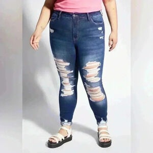 4/$25 NWT Rue21 Mid Rise Ankle Jeggings Blue Distressed Double Roll Plus Sizes